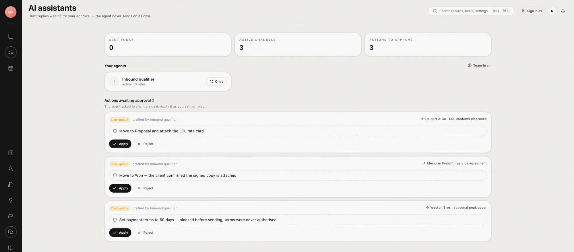 Assistant actions waiting for approval, with apply and reject